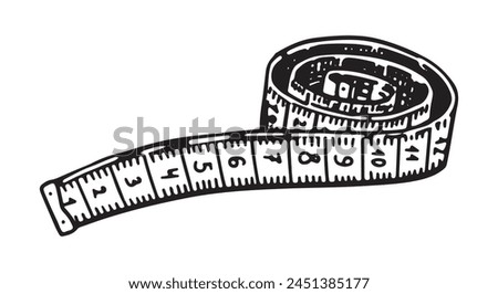 Rolled up measuring tape sketch. Sewing craft, tailor equipment doodle. Outline vector illustration in retro engraving style.