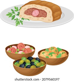 Rolled Meat with Forcemeat and Snacks in Bowl as Spanish Cuisine Dish Vector Set