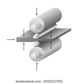 Rolled metal forming process - isometric vector diagram. Rolling mill stand with sheet steel.