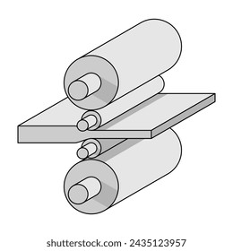 Rolled metal forming process - isometric vector diagram in thin line. Rolling mill stand with sheet steel.