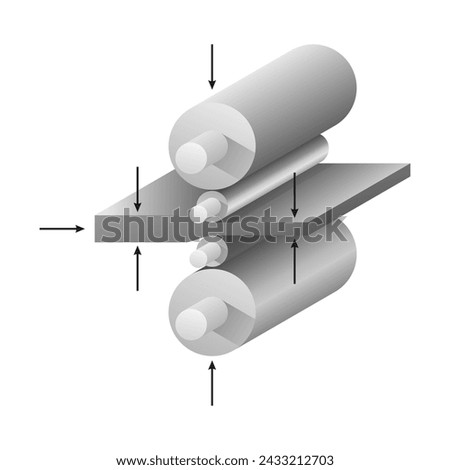 Rolled metal forming process - isometric vector diagram. Rolling mill stand with sheet steel.