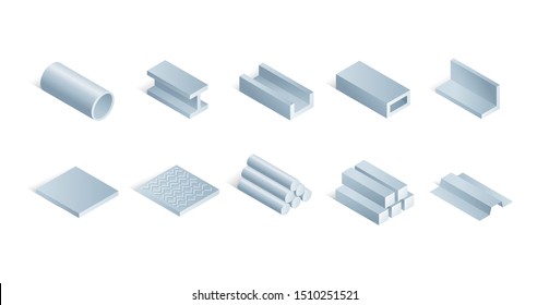 Rolled Metal Metallurgical Steel Products  - Set Of Isometric Icons For Industry And Metallurgy