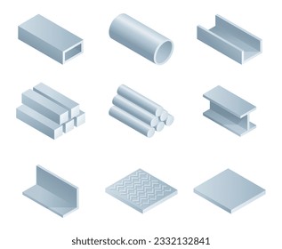 Rolled metal and metallurgical steel products 3D icons - isometric collection for industry and metallurgy. Vector illustration