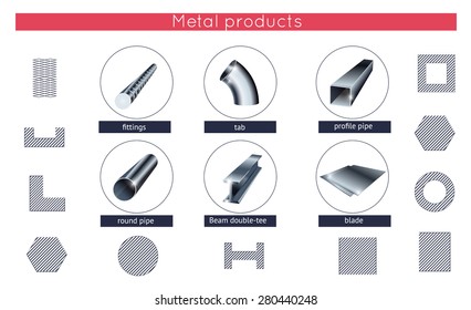 Rolled metal products vector icons set. Metallurgy products.