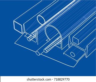 Rolled metal products. Vector rendering of 3d. Wire-frame style. The layers of visible and invisible lines are separated