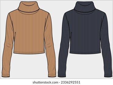 ROLLED NECK TURTLE NECK WITH LONG SLEEVES RIBBED TIGHT FITTED CROP TOP DESIGN FOR WOMEN AND TEEN GIRLS IN EDITABLE FILE