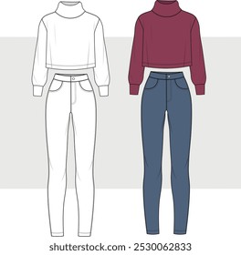 ROLLED NECK TURTLE NECK WITH LONG SLEEVES SWEATSHIRT and skinny jeans women fashion drawing illustration.