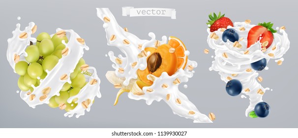 Rolled oats, fruits and milk splashes. 3d realistic vector icon