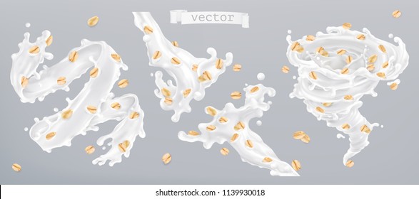 Rolled oats and milk splashes, 3d realistic vector icon