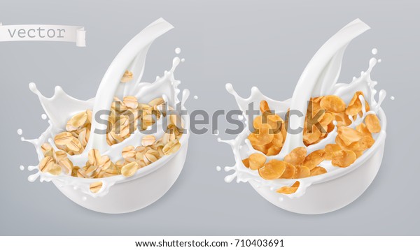 Rolled oats and milk splashes. Corn flakes. 3d\
realistic vector icon\
set