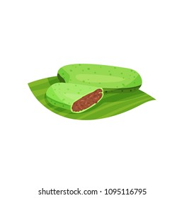 Rolled pandan pancake on green leaf. Delicious Indonesian dessert, Dadar Gulung. Flat vector design for menu, poster or flyer