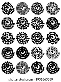 Rolled Paper Flower. Vector Set. 3d Paper Cut Template. Isolated On White Background. For Wedding Design, Birthday Card, Mother's  Day, Easter. Floral Black Silhouettes For Plotter Cutting.