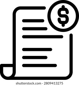 Rolled paper invoice document with dollar sign symbol in minimalist thin icon.