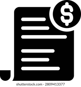 Rolled paper invoice document with dollar sign symbol in modern glyph solid icon.