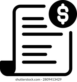 Rolled paper invoice document with dollar sign symbol in modern flat solid icon.
