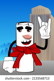Rolled paper with red ribbon as a diploma with hands in rocker pose. Cartoon Character.