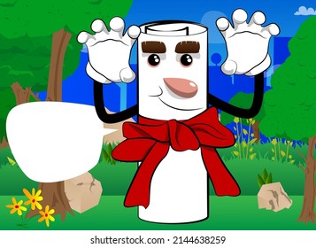 Rolled paper with red ribbon as a diploma is trying to scare you. Cartoon Character.