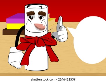 Rolled paper with red ribbon as a diploma pointing at the viewer with his hand. Cartoon Character.