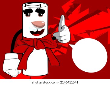 Rolled paper with red ribbon as a diploma pointing at the viewer with his hand. Cartoon Character.