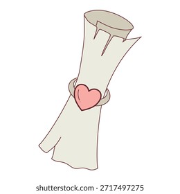 Documento de rollo de papel enrollado o carta atada con un anillo en forma de corazón
