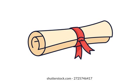 Rolagem de papel laminado que representa um diploma de graduação ou documento antigo é amarrado com uma fita vermelha e borrifador em um fundo branco plano.