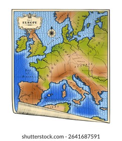 Rolled up paper sheet with old geographic map of Europe with with colored relief markings and country names isolated on white. Drawing in color vintage engraving style. Vector illustration