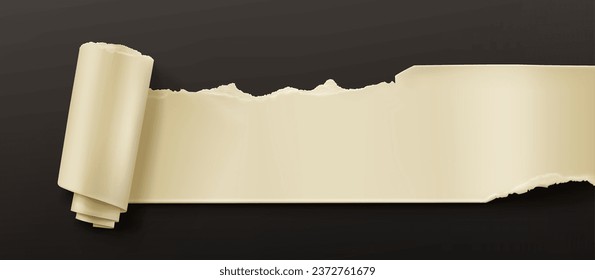 Rolled paper strip with uneven torn edge isolated on black background. Vector realistic illustration of blank old parchment banner template with blank space for text, ripped page, damaged document