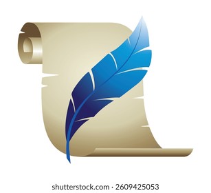 A rolled parchment scroll, reminiscent of ancient documents, is adorned with a striking blue feather quill, symbolizing writing and knowledge. Ancient papyrus scroll with a vibrant blue quill pen for writing history