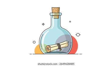 A rolled up parchment scroll sealed with a string inside a transparent glass bottle with a cork stopper surrounded by colorful abstract shapes and small sparkling stars representing a secret message