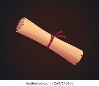 Rolled parchment scroll tied with a red ribbon, in a cartoon graphic style, isolated on a dark gradient background. Concept of ancient message or document. Vector illustration