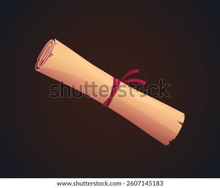 Rolled parchment scroll tied with a red ribbon, in a cartoon graphic style, isolated on a dark gradient background. Concept of ancient message or document. Vector illustration