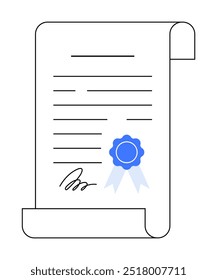 A rolled parchment with text lines, featuring a blue ribbon badge and a signature at the bottom. Ideal for award certificates, academic achievements, official documentations, recognitions, and ceremon