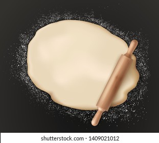 Rolled pastry dough and rolling pin on black. Vector pizza dough sprinkled with flour, bakery food preparation and kitchen utensil. Homemade domestic bread pastry cooking, raw cake and pin with handle