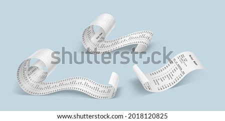 Rolled payment check 3d set. Buying financial invoice bill purchasing calculate pay isolated. Receipt for online checkout or buyer money transfer. Realistic vector illustration