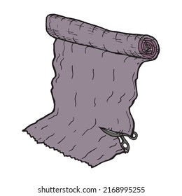 Rolled piece of fabric in a roll cut down with the scissors hand drawn outline decoration. Big textile cloth unrolling pen drawing flat symbol. Big blank carpet single illustration. Interior object.