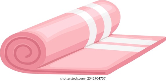 Rolled pink yoga or pilates mat with white stripes is partially unrolled, creating an angled corner and revealing the soft, cushioned surface, perfect for exercise and relaxation