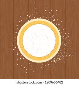 Rolled pizza dough sprinkled with flour on a round board flat vector illustration isolated on wooden surface