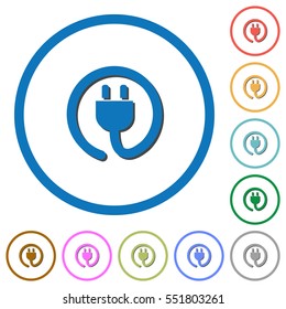 Rolled power cord flat color vector icons with shadows in round outlines on white background