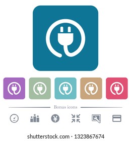 Rolled power cord white flat icons on color rounded square backgrounds. 6 bonus icons included