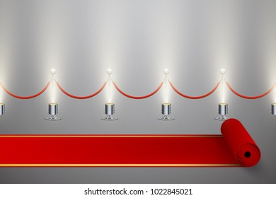Rolled red carpet and fence with illumibation, vector background
