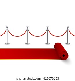 Rolled red carpet and fence with metal stanchions, vector, isolated on white