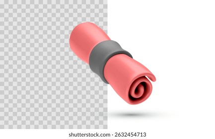 Rolled Red Scroll Or Yoga Mat In 3D Realistic Style, Symbol Of Fitness, Wellness Or Important Document, Isolated On Transparent Background. Vector Illustration.