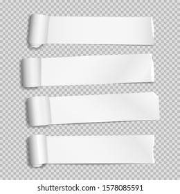 Rolled and ripped white note paper pieces, strips are on squared background for text. Vector illustration