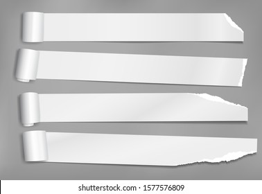 Rolled and ripped white notebook paper pieces, strips are on dark grey background for text. Vector illustration