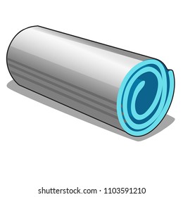 Rolled in a roll of camping mat isolated on white background. Vector cartoon close-up illustration.