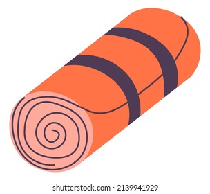 Rolled rubber carpet for yoga and exercises, isolated fitness mat or rug. Equipment for working out and recreation, camping, and hiking. Pilates and losing weight, rest. Vector in flat style