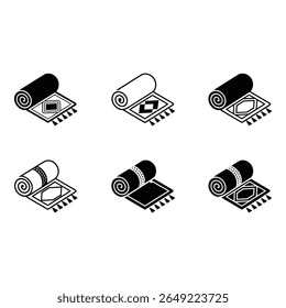 Rolled Rugs Six Isometric Black and White Icons Modern Minimalist Style Home Decor Design Elements