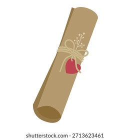 Rollo enrollado atado con cordón, etiqueta del corazón y ramita decorativa