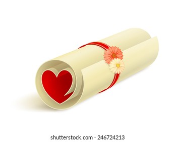 Rolled sheet of paper with red heart inside, ribbon, flowers and small shadow on white background