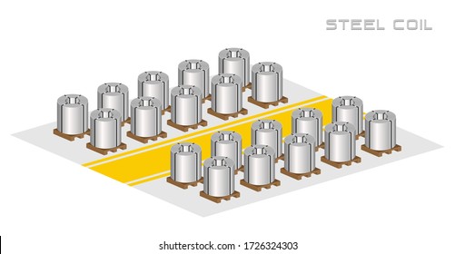 Rolled steel coil, steel, strap storage in factory warehouse with yellow safety walkway, Isolated vector